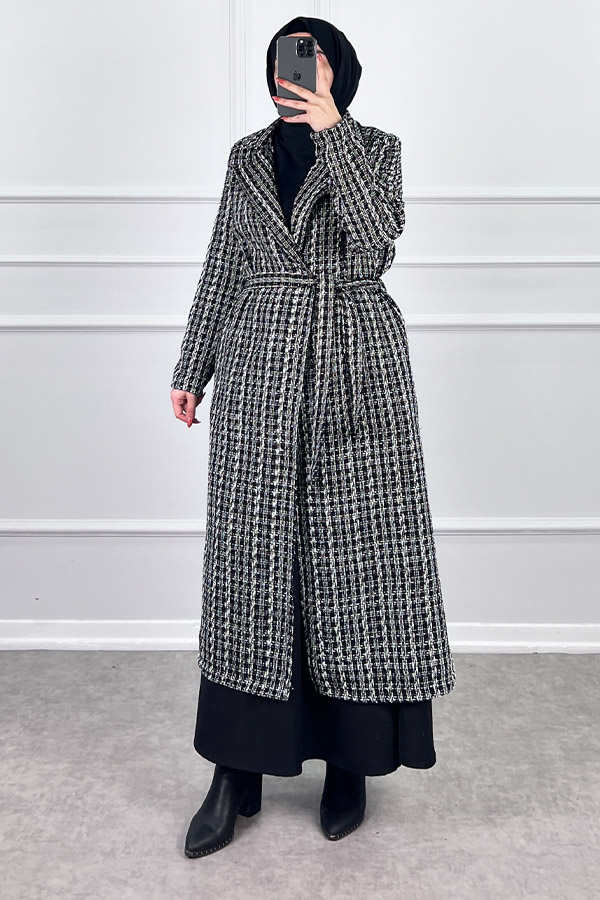 Tesettür Tüvit Trençkot - Siyah Beyaz