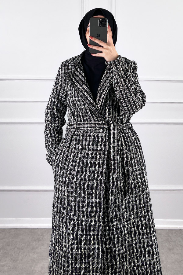 Tesettür Tüvit Trençkot - Siyah Beyaz