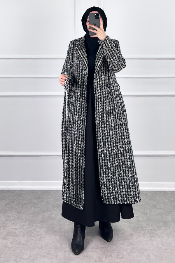 Tesettür Tüvit Trençkot - Siyah Beyaz