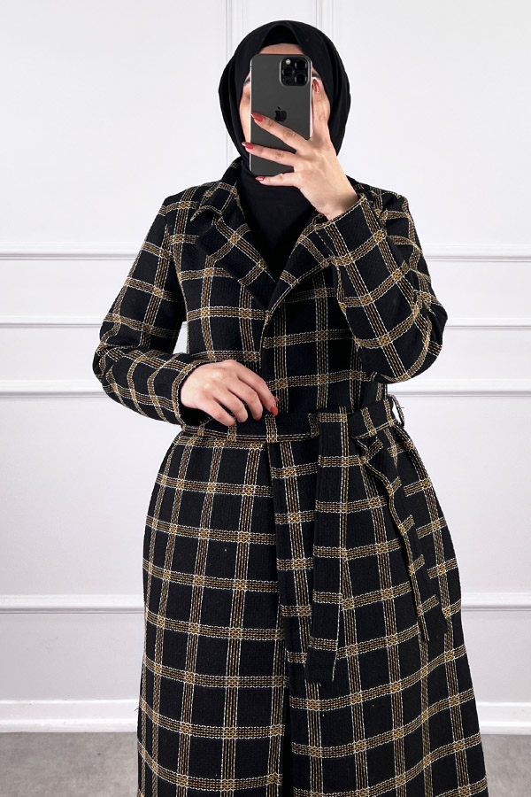 Tesettür Tüvit Trençkot - Siyah Sarı