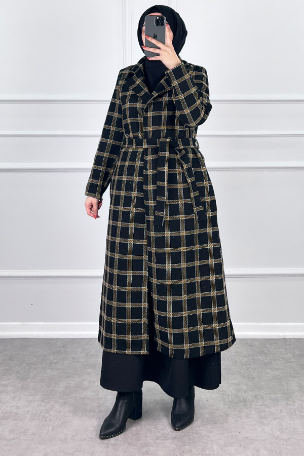 Tesettür Tüvit Trençkot - Siyah Sarı