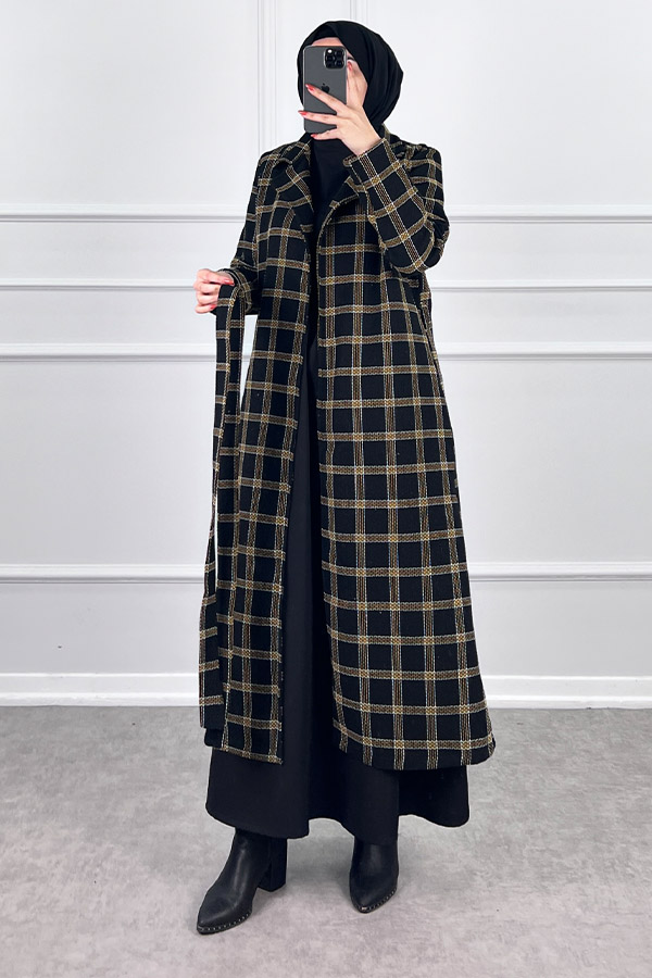 Tesettür Tüvit Trençkot - Siyah Sarı