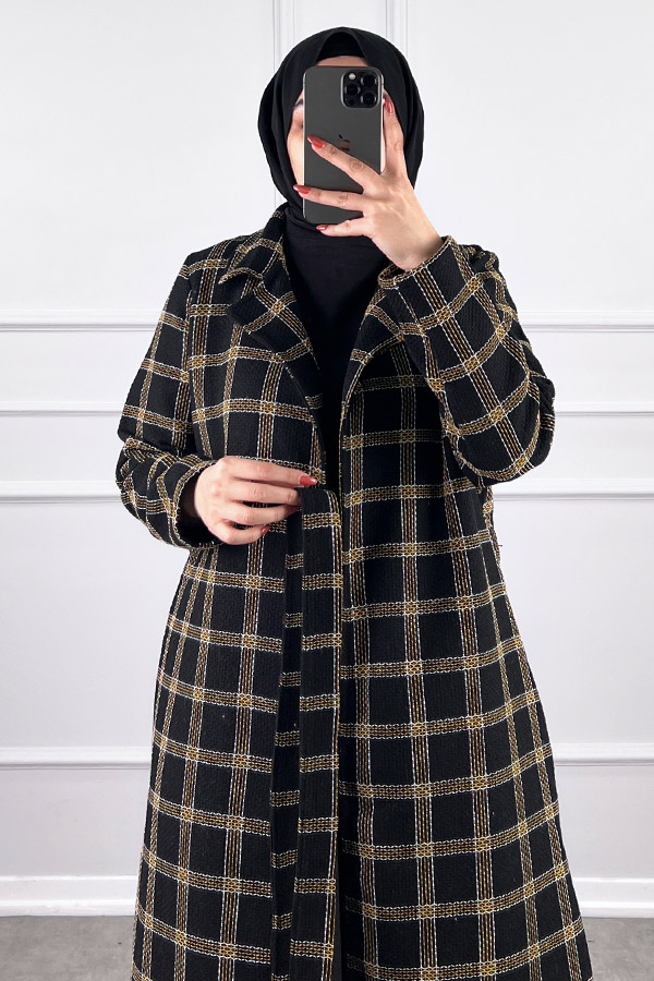 Tesettür Tüvit Trençkot - Siyah Sarı