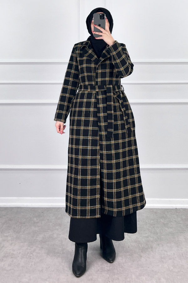 Tesettür Tüvit Trençkot - Siyah Sarı