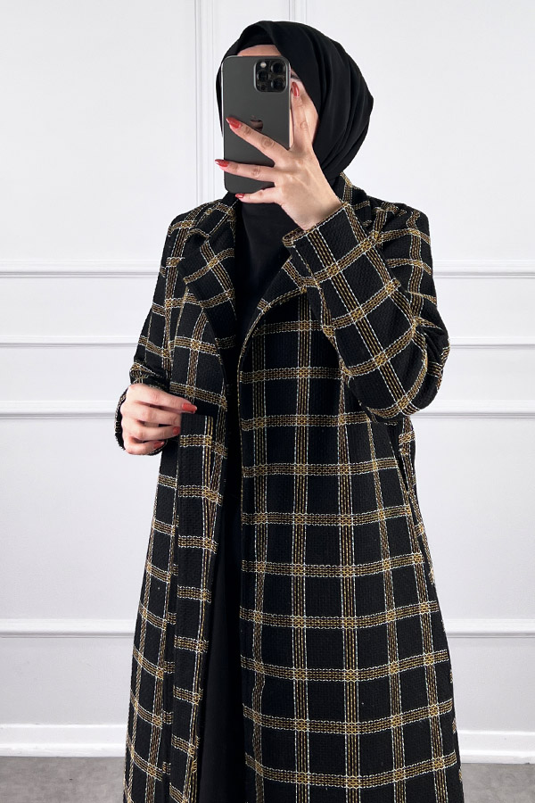 Tesettür Tüvit Trençkot - Siyah Sarı