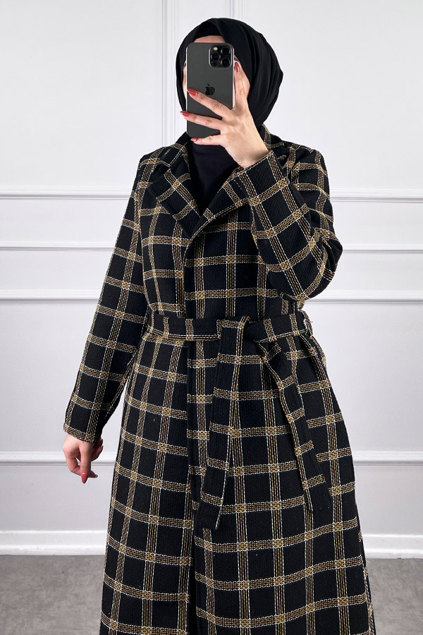 Tesettür Tüvit Trençkot - Siyah Sarı