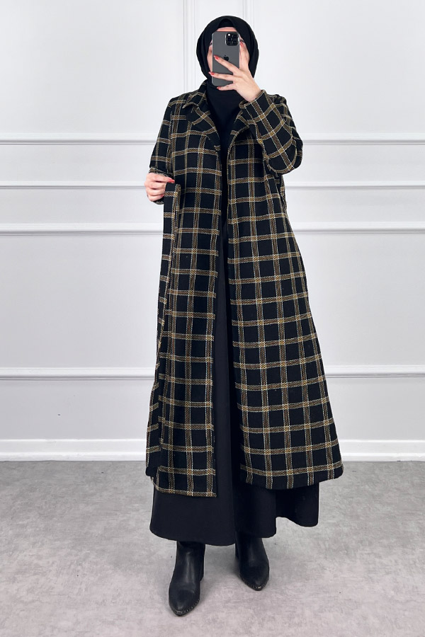 Tesettür Tüvit Trençkot - Siyah Sarı