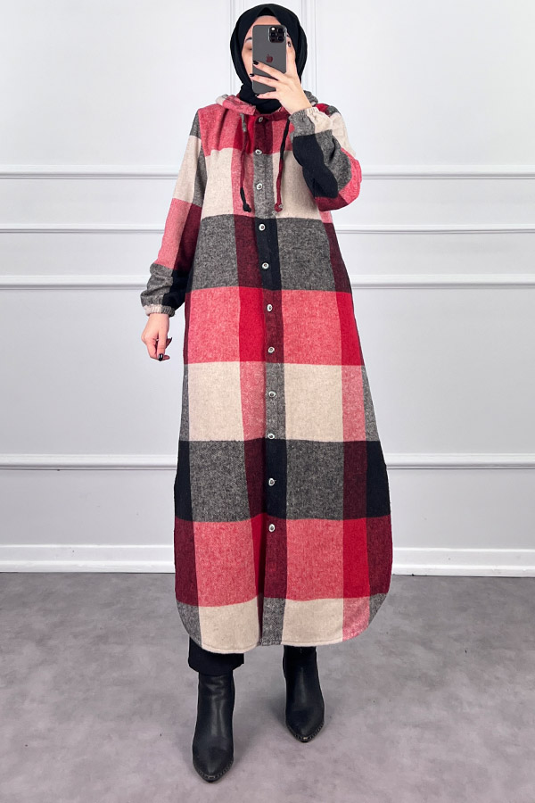 Tesettür Oduncu Gömlek Kap - Kırmızı