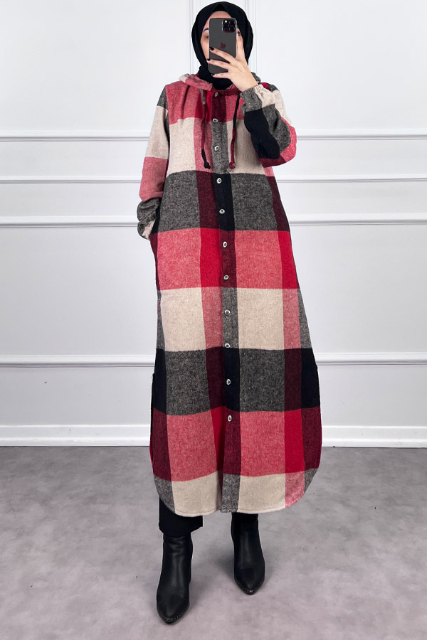 Tesettür Oduncu Gömlek Kap - Kırmızı