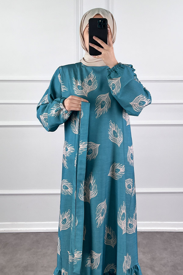 Tüy Desenli Elbise - Mavi