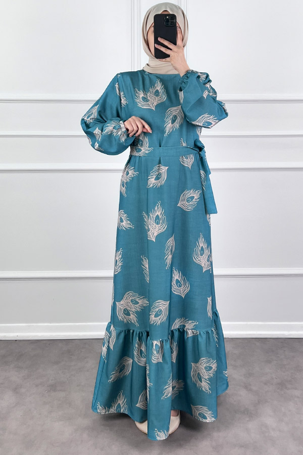 Tüy Desenli Elbise - Mavi
