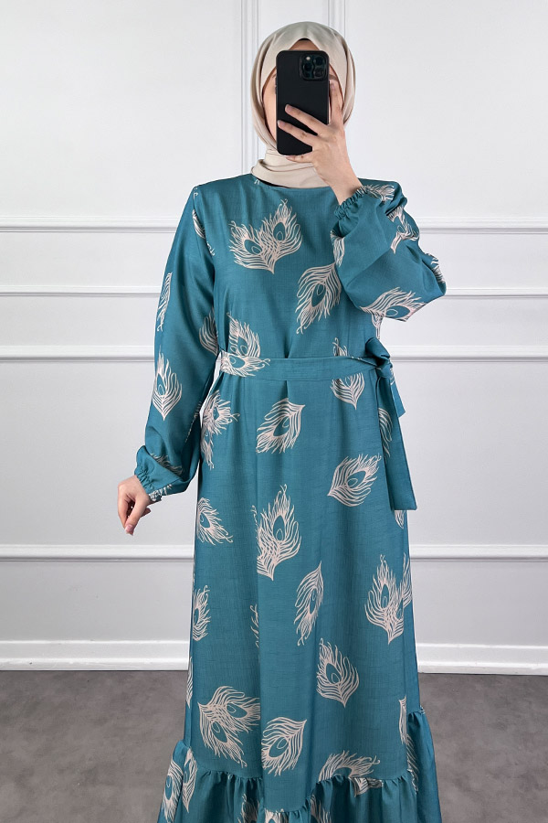 Tüy Desenli Elbise - Mavi