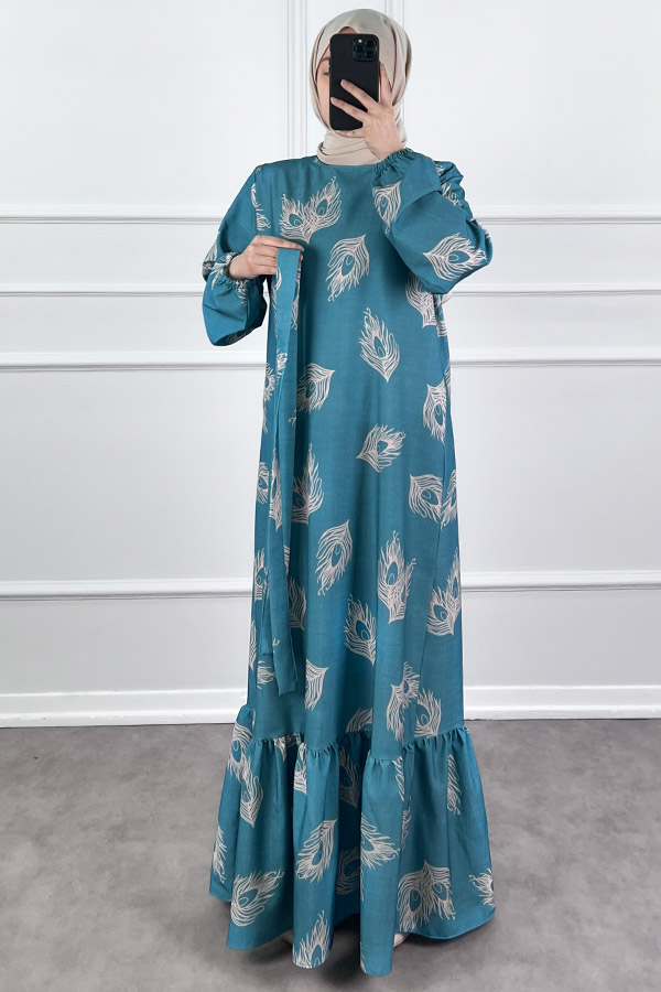 Tüy Desenli Elbise - Mavi