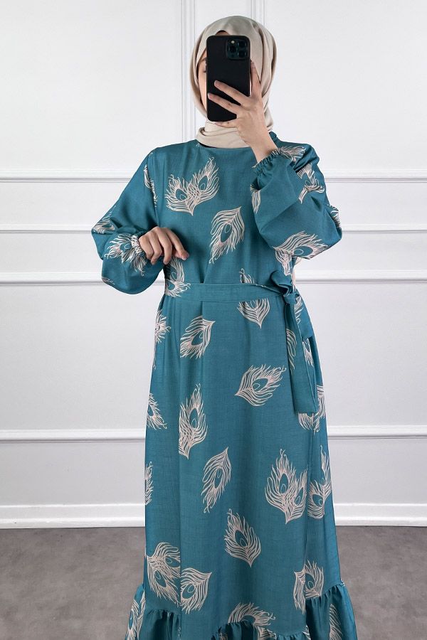 Tüy Desenli Elbise - Mavi
