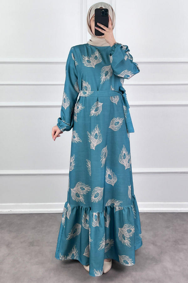 Tüy Desenli Elbise - Mavi