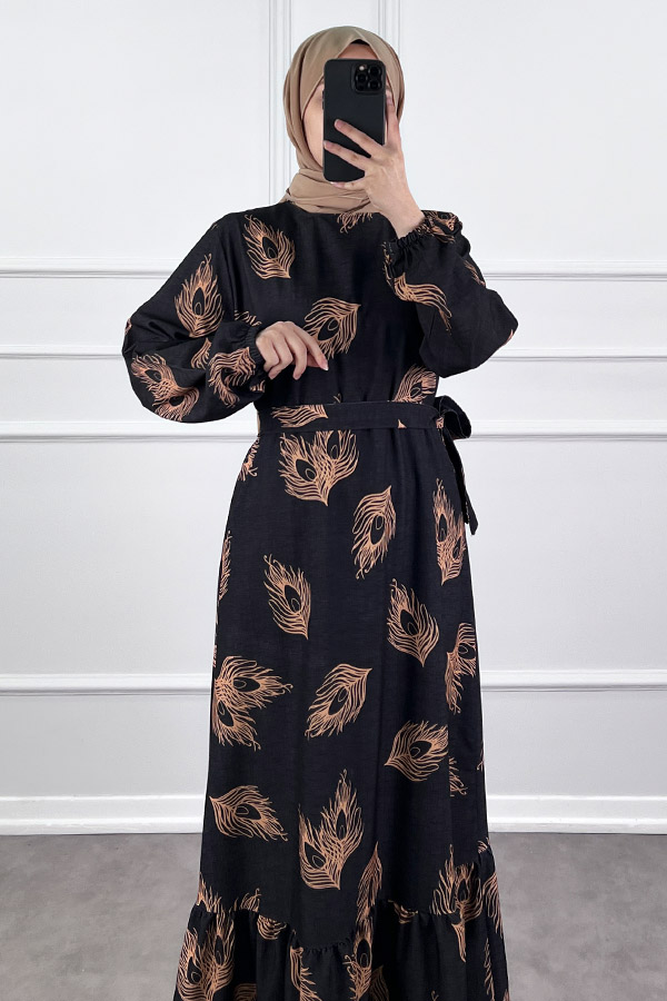 Tüy Desenli Elbise - Siyah