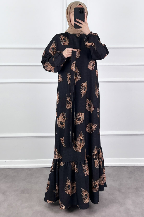 Tüy Desenli Elbise - Siyah