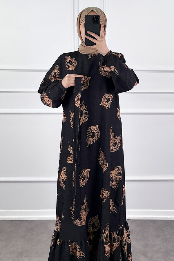 Tüy Desenli Elbise - Siyah