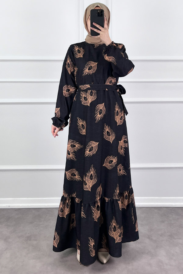 Tüy Desenli Elbise - Siyah