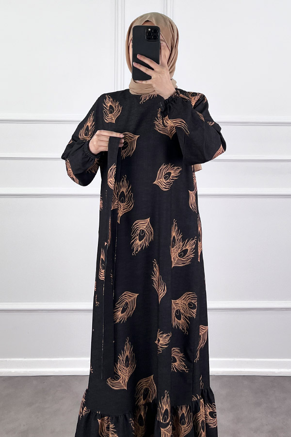 Tüy Desenli Elbise - Siyah