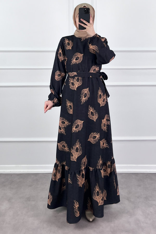 Tüy Desenli Elbise - Siyah