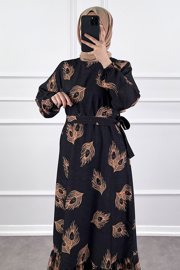 Tüy Desenli Elbise - Siyah