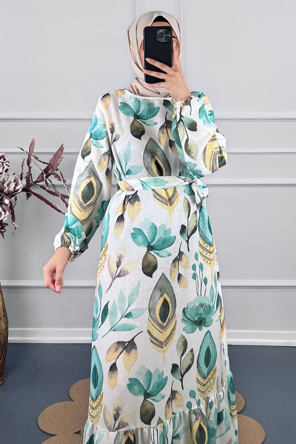 Tüy Desenli Keten Elbise