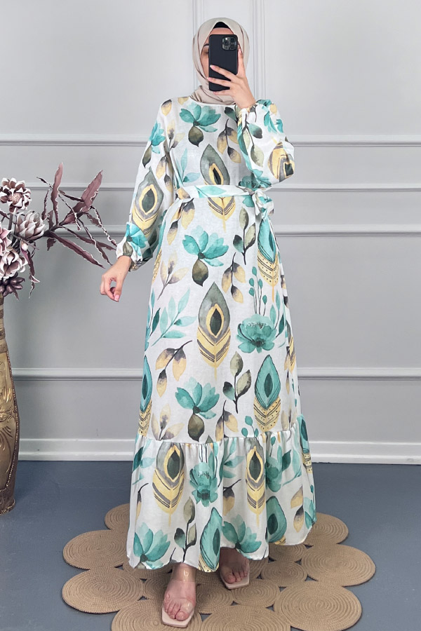 Tüy Desenli Keten Elbise