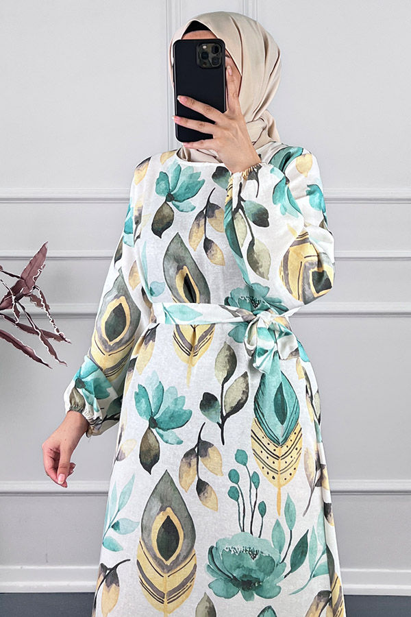 Tüy Desenli Keten Elbise