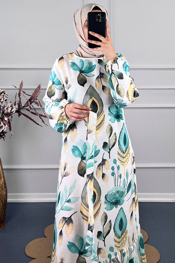 Tüy Desenli Keten Elbise