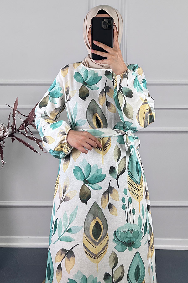 Tüy Desenli Keten Elbise