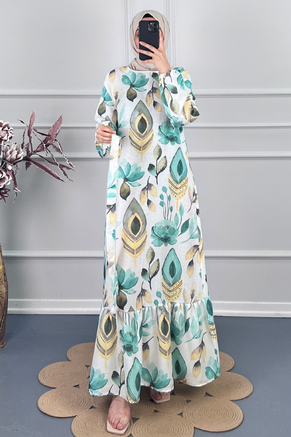 Tüy Desenli Keten Elbise