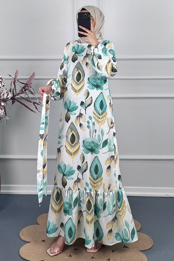 Tüy Desenli Keten Elbise