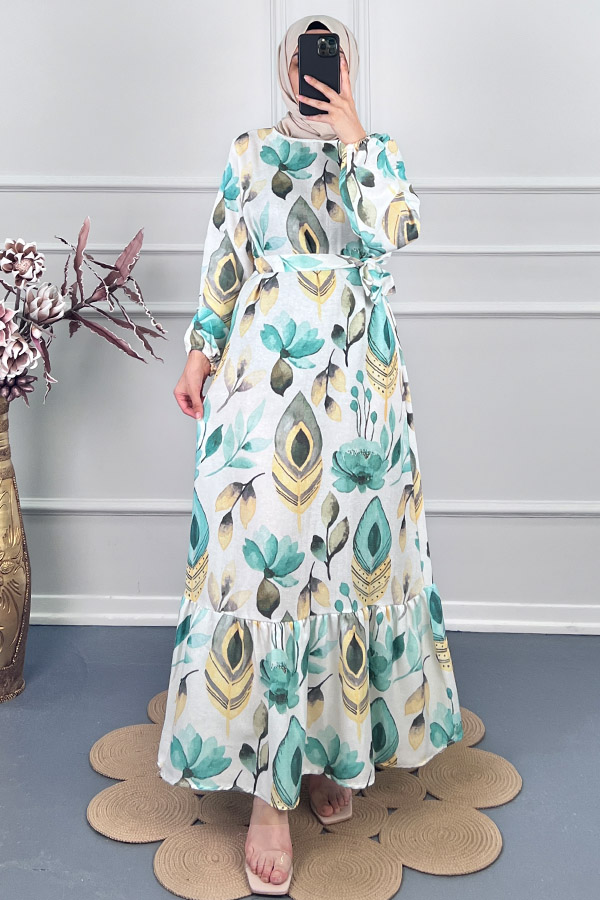 Tüy Desenli Keten Elbise