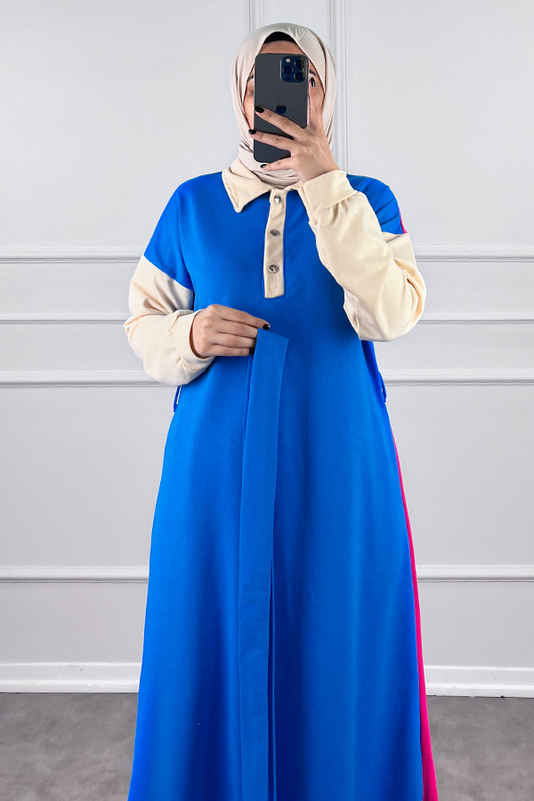 Üç Renk Kuşaklı Elbise - Mavi