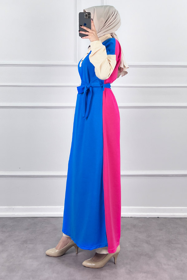 Üç Renk Kuşaklı Elbise - Mavi