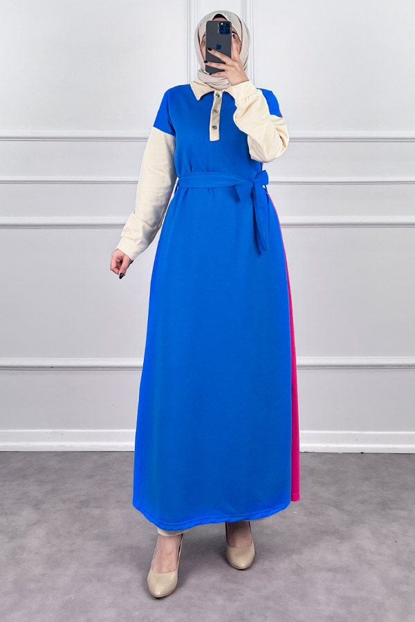Üç Renk Kuşaklı Elbise - Mavi