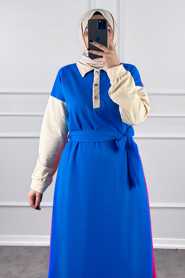 Üç Renk Kuşaklı Elbise - Mavi