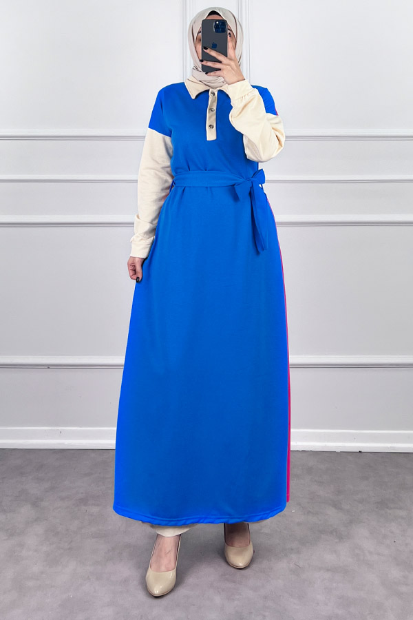 Üç Renk Kuşaklı Elbise - Mavi