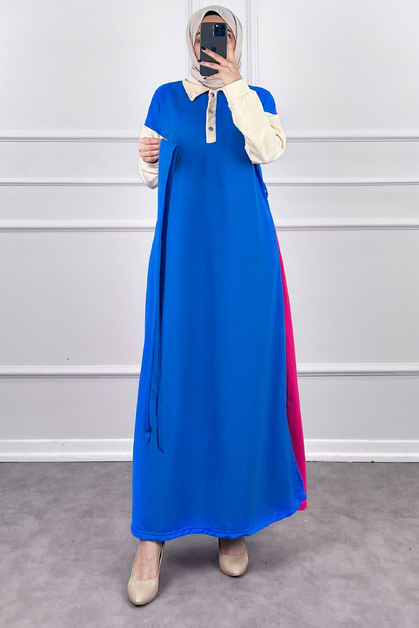 Üç Renk Kuşaklı Elbise - Mavi