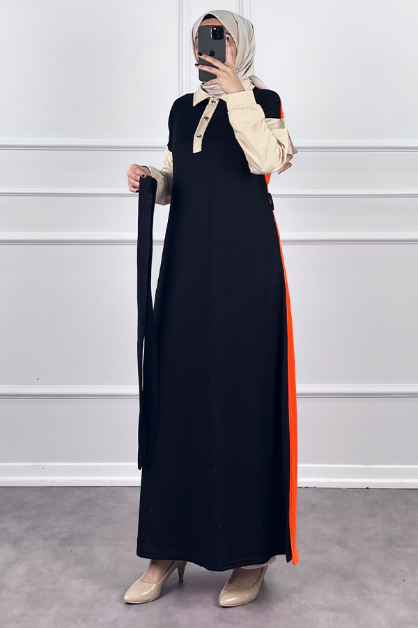 Üç Renk Kuşaklı Elbise - Siyah Üç Renk Kuşaklı Elbise - Siyah