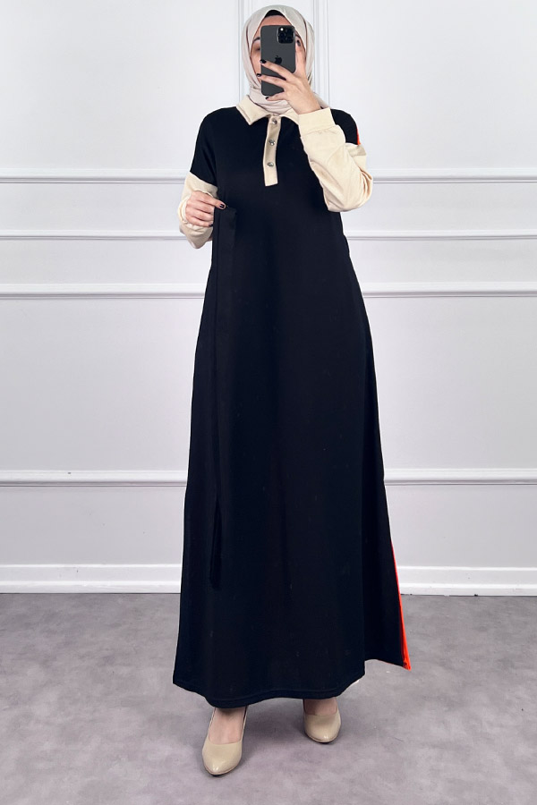 Üç Renk Kuşaklı Elbise - Siyah Üç Renk Kuşaklı Elbise - Siyah