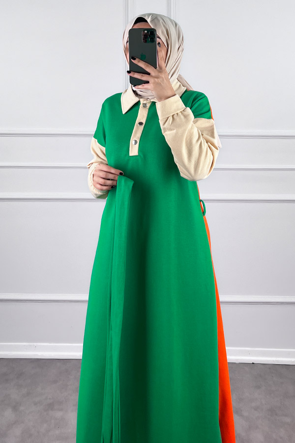 Üç Renk Kuşaklı Elbise - Yeşil