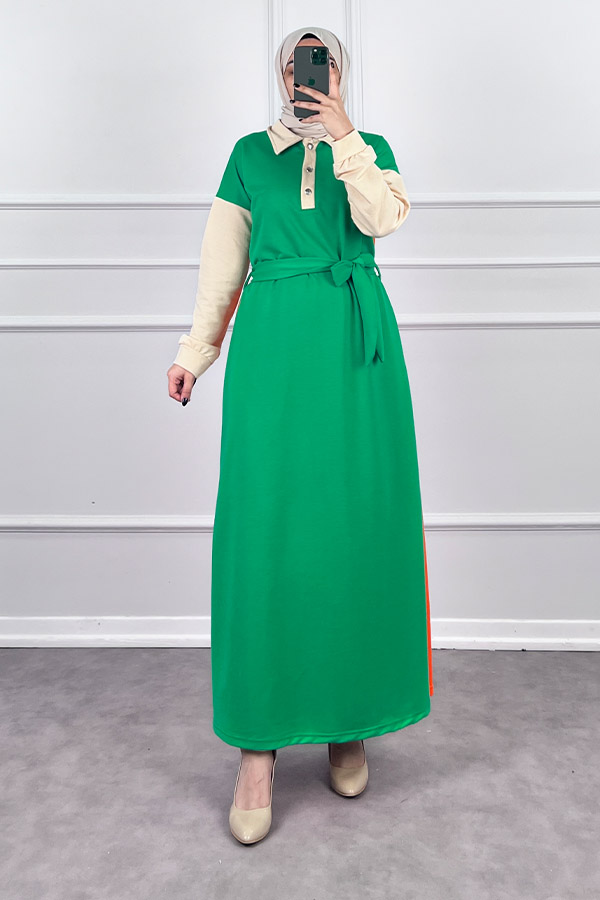 Üç Renk Kuşaklı Elbise - Yeşil