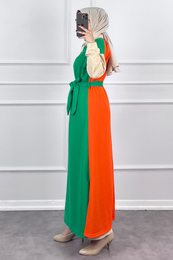 Üç Renk Kuşaklı Elbise - Yeşil