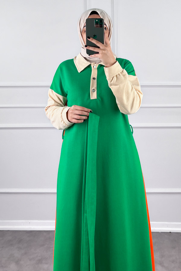 Üç Renk Kuşaklı Elbise - Yeşil