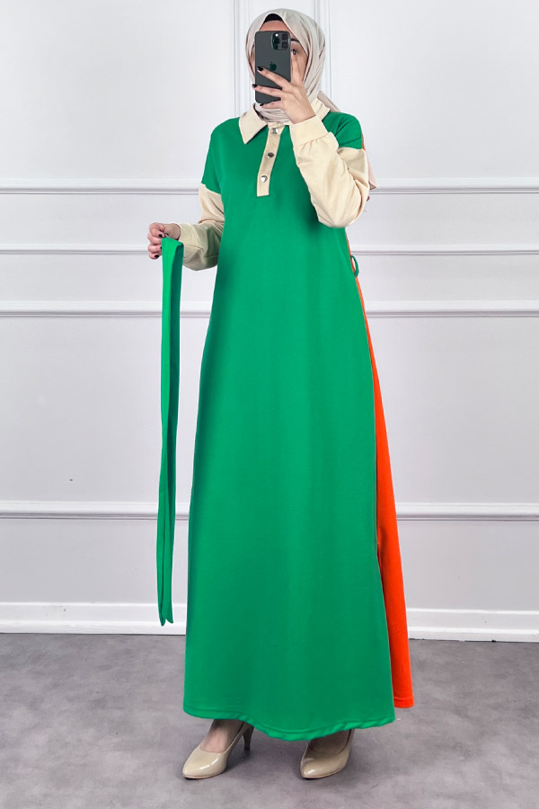 Üç Renk Kuşaklı Elbise - Yeşil