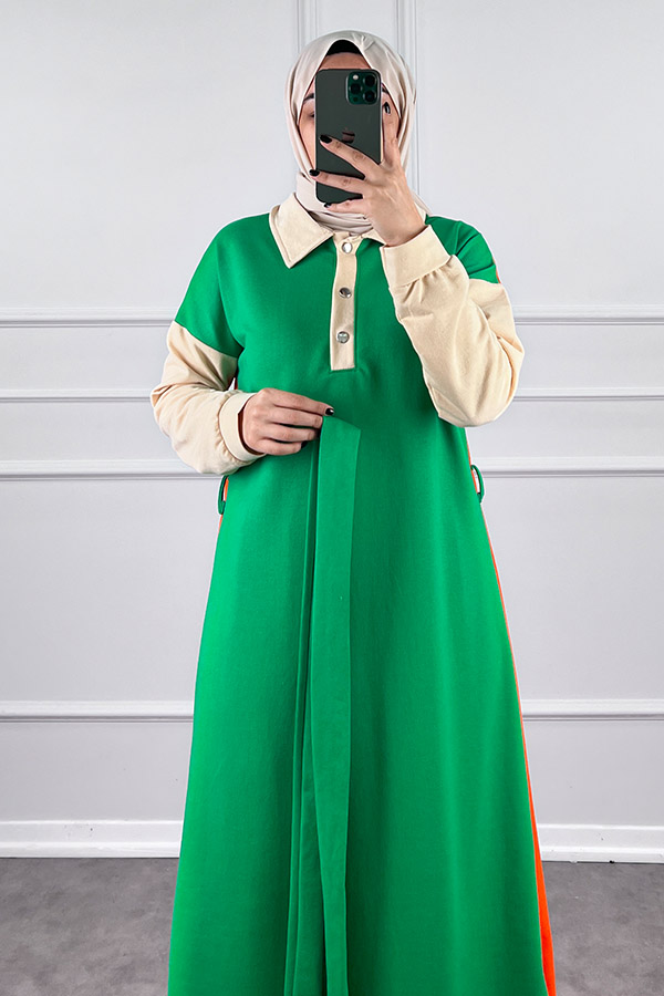 Üç Renk Kuşaklı Elbise - Yeşil