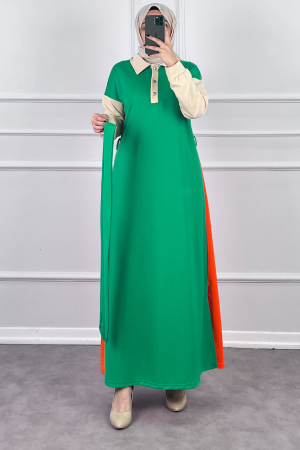 Üç Renk Kuşaklı Elbise - Yeşil