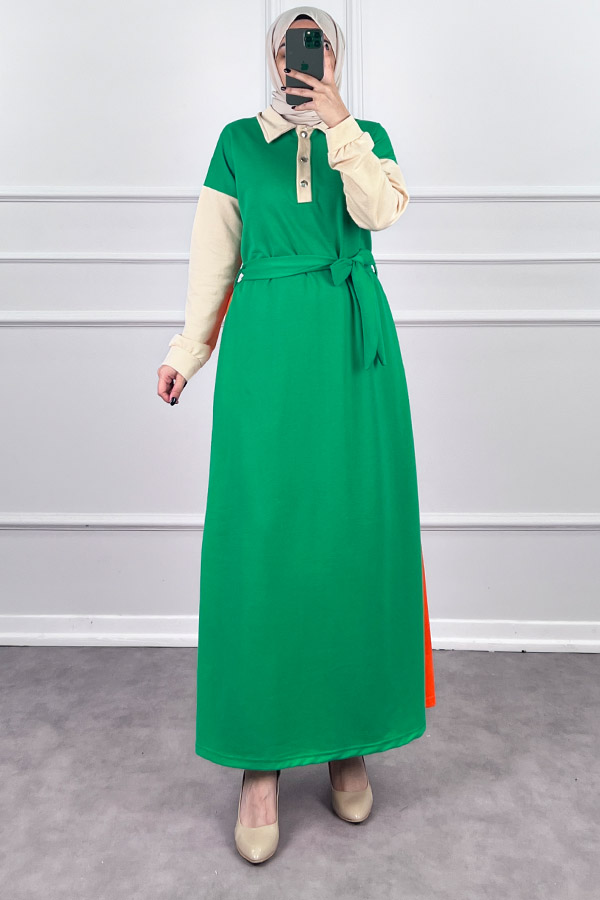 Üç Renk Kuşaklı Elbise - Yeşil